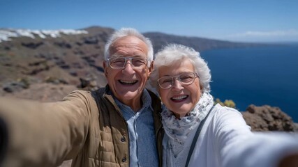 Joyful senior couple captures a wide selfie against dramatic cliffs and a clear blue sky, embodying health and happiness. - Powered by Adobe
