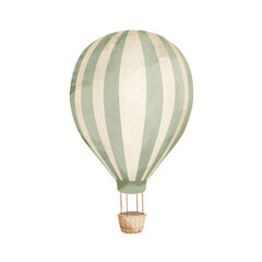 Obraz premium Vintage-style hot air balloon illustration with soft green stripes and basket isolated