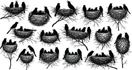 Bird and nest silhouettes, perched birds, nesting behavior, avian species, nature art, vector illustration, wildlife icon, animal design, breeding season, feather detail