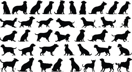 Dog silhouettes collection, various breeds, sitting standing running, playful poses, pet animal, canine vector, nature art, animal icon, domestic dog, puppy design