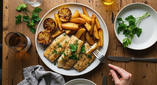 Grilled fish and roasted potatoes with lemon in rustic dining setting - Powered by Adobe