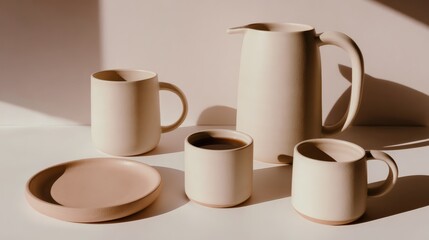 Stylish minimalist ceramic tableware set with pitcher and mugs in soft neutral colors