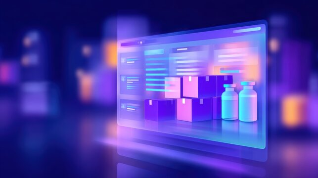Futuristic digital interface displaying pharmaceutical products and packaging in a vibrant urban setting