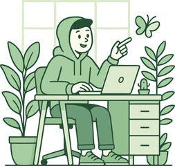 Fototapeta premium Minimalist flat vector illustration of a woman working on a laptop at a desk, smiling while her dog kisses her cheek. 