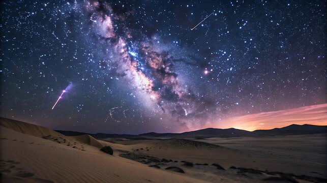 The milky way galaxy shines above the sand dunes in the desert at night - Powered by Adobe