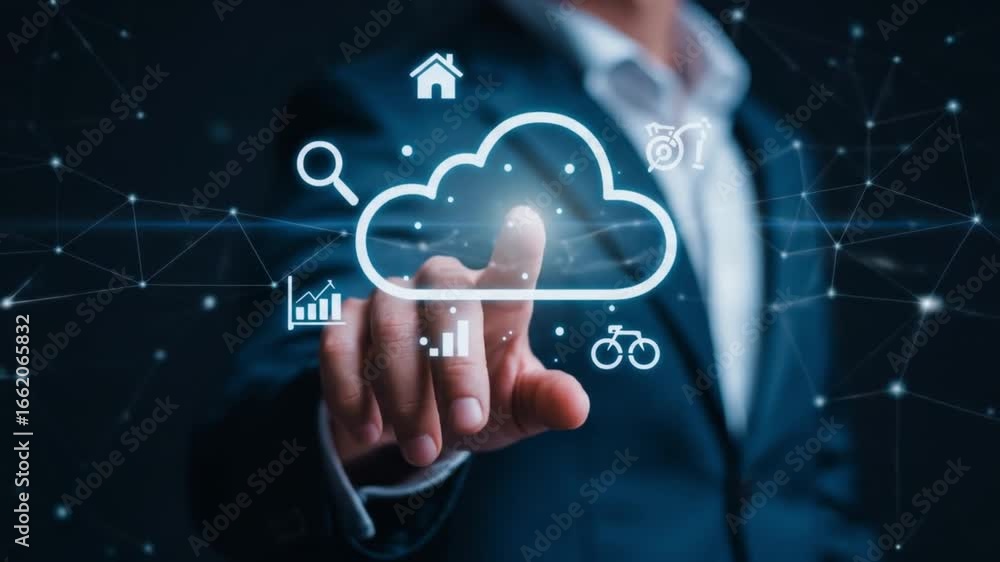 Aufkleber a businessman in a suit interacts with a glowing digital interface, touching a central cloud computi