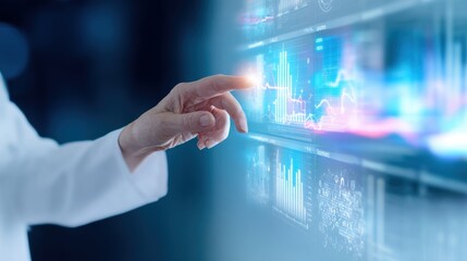 Medical professional interacting with advanced data visualization in a high-tech healthcare environment