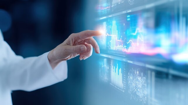 Medical professional interacting with advanced data visualization in a high-tech healthcare environment