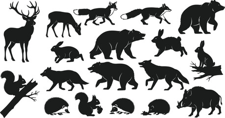 Naklejka premium Woodland animal silhouettes, deer fox bear, rabbit squirrel boar, hedgehog wolf, forest wildlife, nature art, vector illustration, wild habitat, animal icon, fauna design