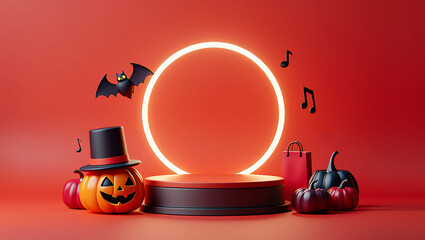 Halloween Festive 3D Render: Jack-o'-lantern, Pumpkins, Bat, Neon Circle, and Shopping Bag