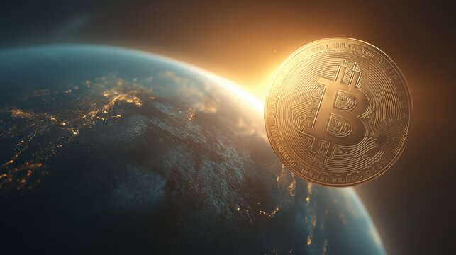 Digital currency bitcoin cryptocurrency coin orbit Earth sunrise finance technology futuristic glowing�A glowing digital bitcoin coin orbits above Earth sunrise symbolizing futuristic finance