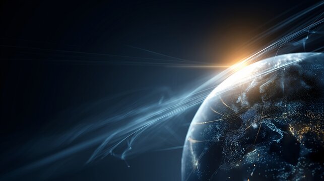 Digital Earth, protected by transparent shield layers, glows with blue light as sunrise illuminates atmosphere, symbolizing technology, security, and global connectivity