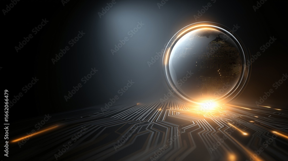 Poster glowing globe circuit shield digital technology futuristic security innovation protection abstract. 