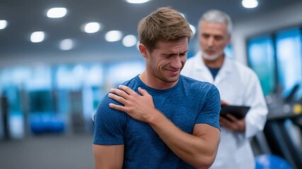 Athlete undergoing shoulder therapy in a modern hospital, with doctor supervision and advanced exercise equipment for pain relief and recovery. - Powered by Adobe