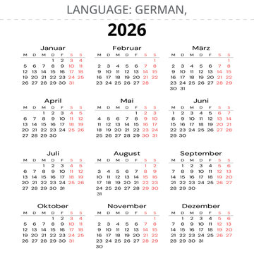 2026 Jahreskalender in deutscher Sprache, minimalistisches Design, Monats&uuml;bersicht mit klarer Typografie, perfekt f&uuml;r Druck und digitale Nutzung