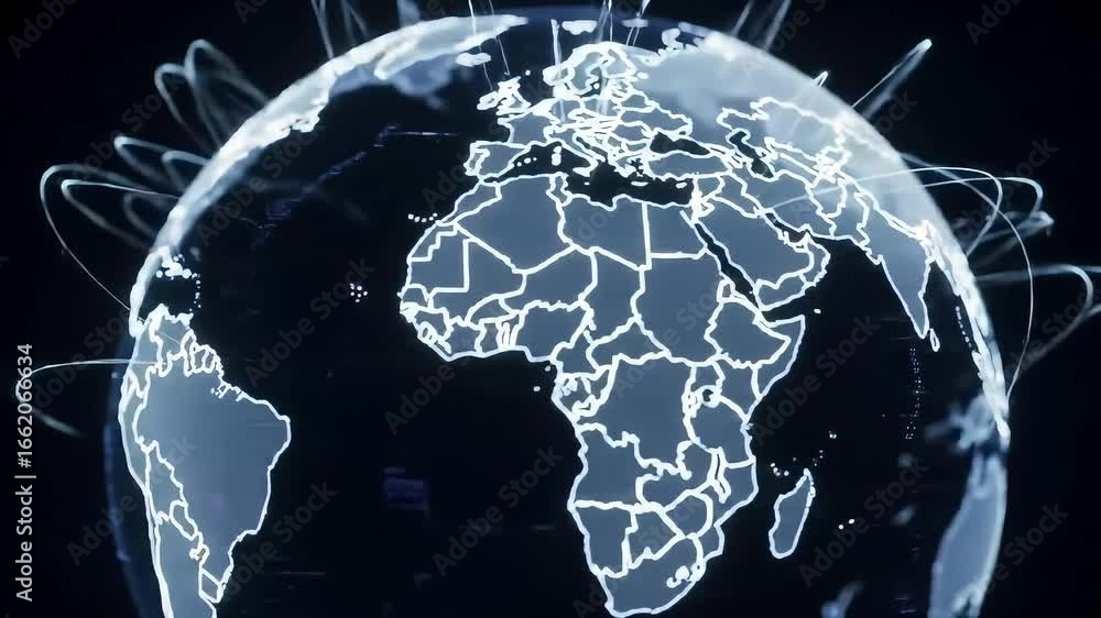 Poster global network data flow, digital earth map, dark background, website header