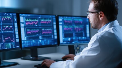 Scientist analyzing complex data on multiple screens in a modern laboratory setting