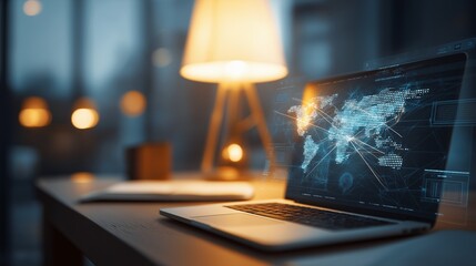 Laptop network interface futuristic technology digital world map glowing modern workspace. sleek laptop displays glowing futuristic network interface with digital world map creating modern