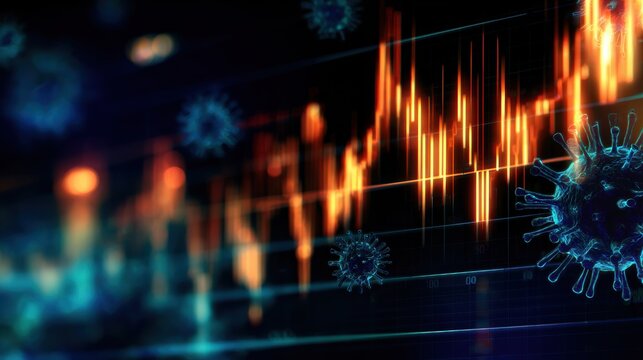 Abstract visualization of fluctuating data graphs with virus icons, illustrating health trends and analytics
