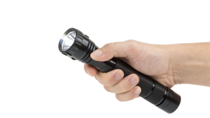 Hand Holding a Brightly Lit Black Metal Flashlight Isolated on Transparent PNG