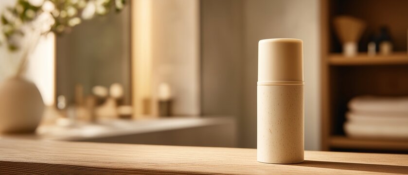 Eco friendly deodorant compostable tube natural skincare sustainable packaging bathroom wooden surface minimalist organic wellness morning light