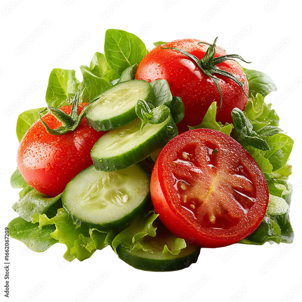 Poster close up view of fresh salad with tomatoes and cucumbers on green lettuce isolated on transparent ba