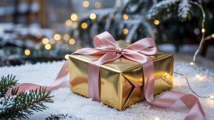 A golden gift box wrapped in a pink ribbon with a bow, which lies in a pile of snow. There are branches of a Christmas tree in the background. A photo with a place for the text.