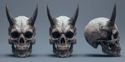 Spooky halloween skull showcase art studio model dark environment front and side view