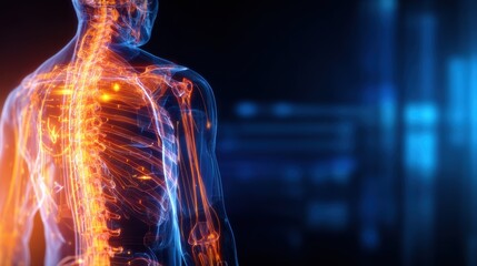 Detailed anatomical illustration of a human spine and skeleton with glowing effects against a dark background
