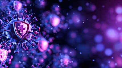Abstract representation of virus cells with shields, symbolizing health protection in a colorful digital background