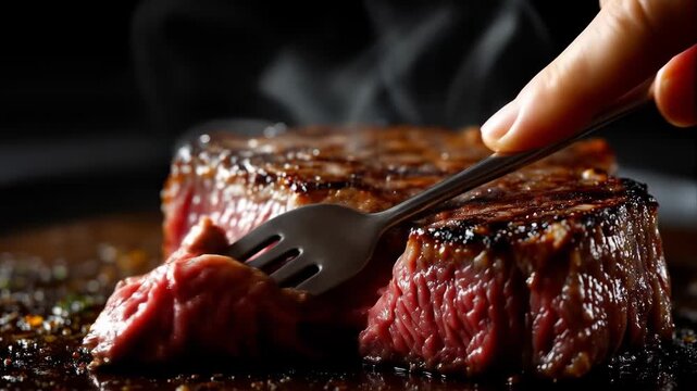 Close-up of a perfectly cooked medium-rare beef steak on a pan, being pierced with a fork with steam rising.
