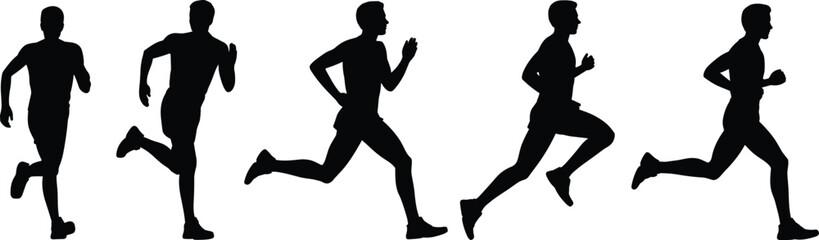 Obraz premium Running man silhouette set, athlete motion vector, fitness training clipart, black runner icons, sports activity illustration, jogging exercise graphic