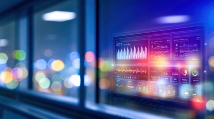 High-tech monitoring screen displaying data in a modern office with city lights in the background