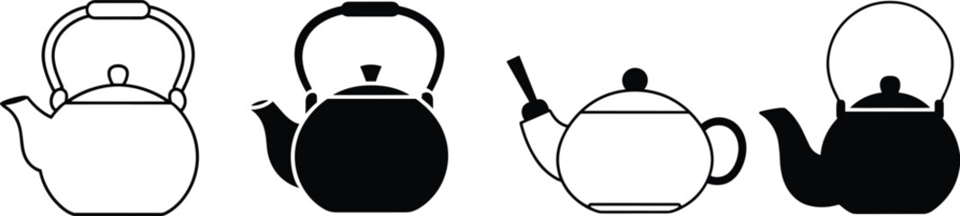 Teapot icon set, black and white kitchenware vector, tea pot illustration, café branding clipart, minimalist cookware design, culinary utensil graphics