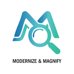 Modernize and Magnify Logo, Letter M with Magnifying Glass Icon for Search and Business Analytics