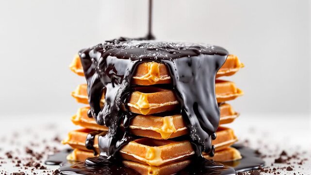 Stack of Waffles with Rich Chocolate Sauce and Powdered Sugar
