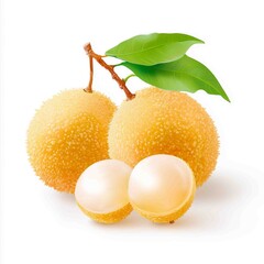 Golden Fruits in the Sunlight: Two ripe and textured golden fruits, complemented by fresh green leaves, rest beside two cut-open, inviting fruit pieces, displaying their juicy centers.