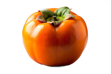 Vibrant orange persimmon fruit with green stem isolated on black