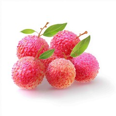 Vibrant Lychees: A close-up shot of fresh lychees, the red-pink fruit, showcasing their unique texture and vibrant color, enhanced by the glossy green leaves