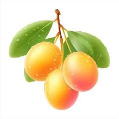 Golden Plums Delight: A close-up view showcases a cluster of ripe plums, their golden skins glistening with morning dew, attached to a leafy branch, evoking freshness and the bounty of nature.