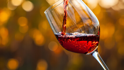 Photo of pouring red wine into a glass with a blurred golden autumn background, close up