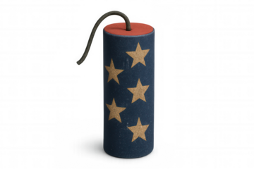 Blue firework with gold stars and burning fuse isolated on transparent background, ready to explode