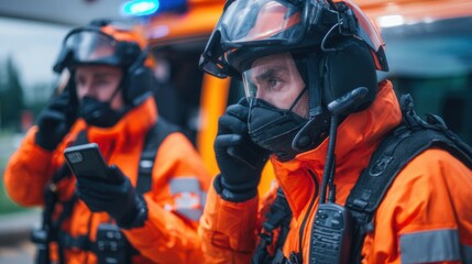 Emergency responders in bright orange gear communicate during a rescue operation in urban setting