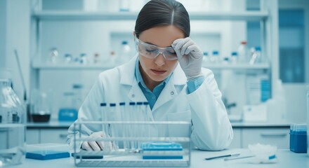 Focused scientist working in lab with test tubes for medical research, pharmaceutical development, drug discovery. Healthcare, biotechnology applications. Academic background.