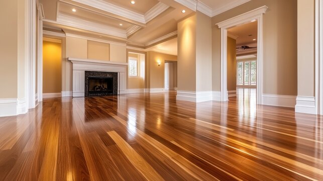 Empty luxury living room with polished hardwood floors and elegant interior design, ready for sale or rent