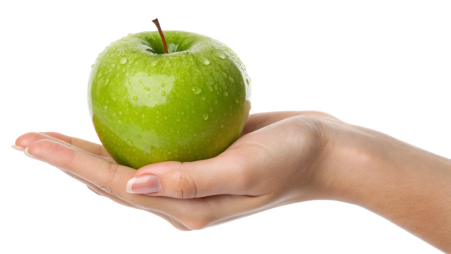 Fresh Green Apple Held Gently in a Person's Open Palm Isolated on a Transparent Background