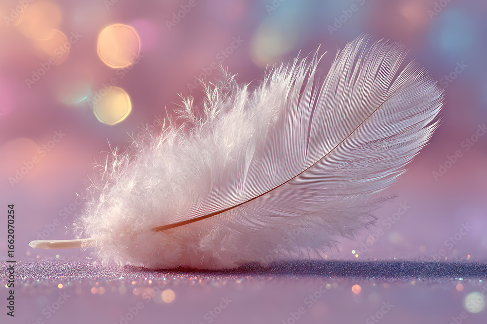 Poster a single white feather on a sparkling surface with a bokeh background.