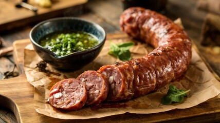 The national dish of the Argentine cuisine. 
Salcicha is a long and thin pork sausage.