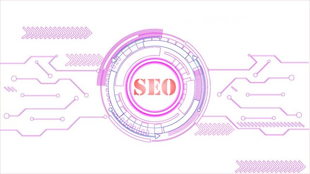 The Futuristic Digital SEO Text Showcasing A Cyber Technology SEO Interface. At The Center, The Glowing SEO Is Encircled By Neon Concentric Rings, Resembling A Head Up Display HUD