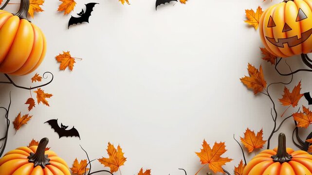 Colorful pumpkins and black bats framed by autumn leaves create a perfect backdrop for Halloween decorations. Bright white background enhances festive mood